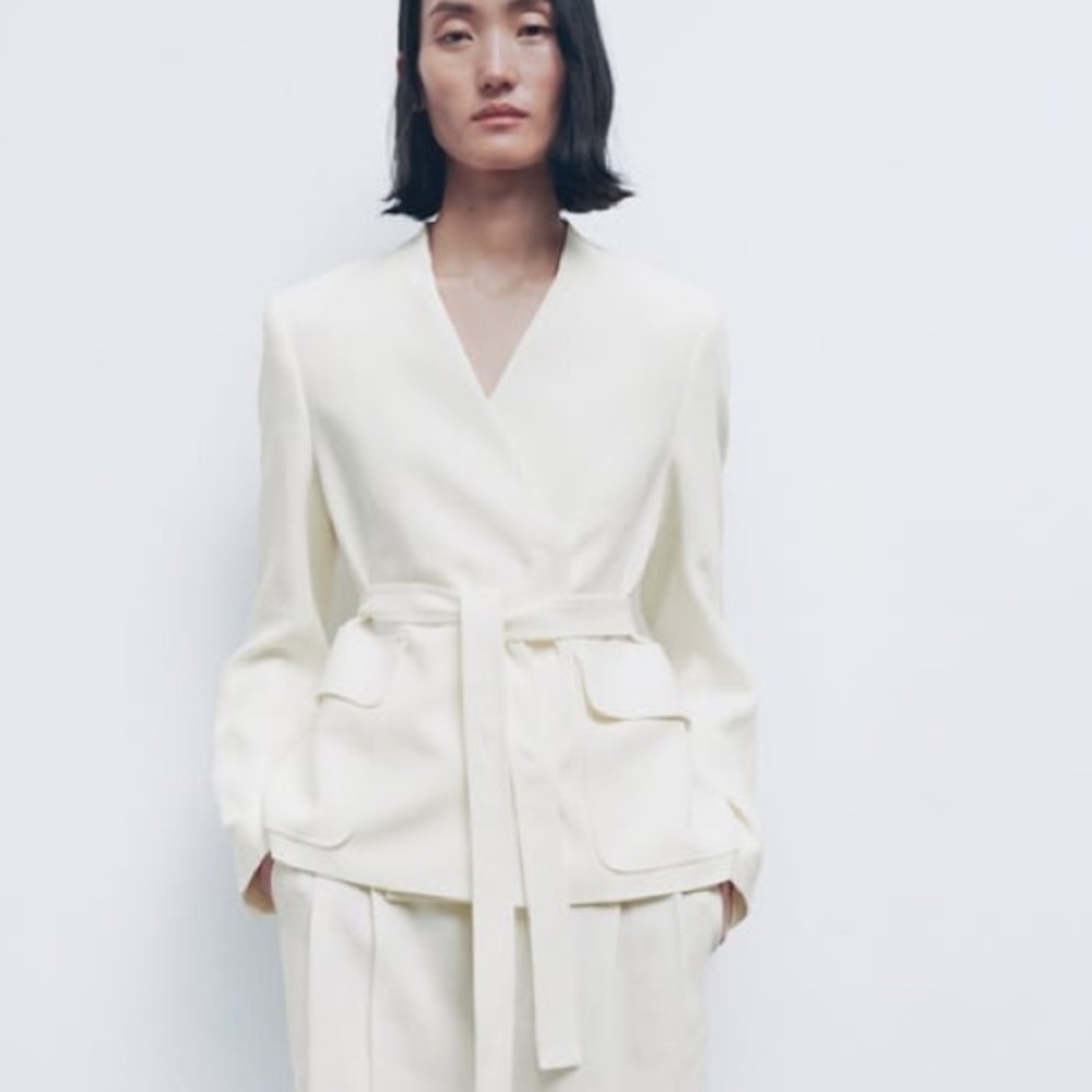 Zara nwt linen jacket blazer casual with waist tie belt - Picture 12 of 14